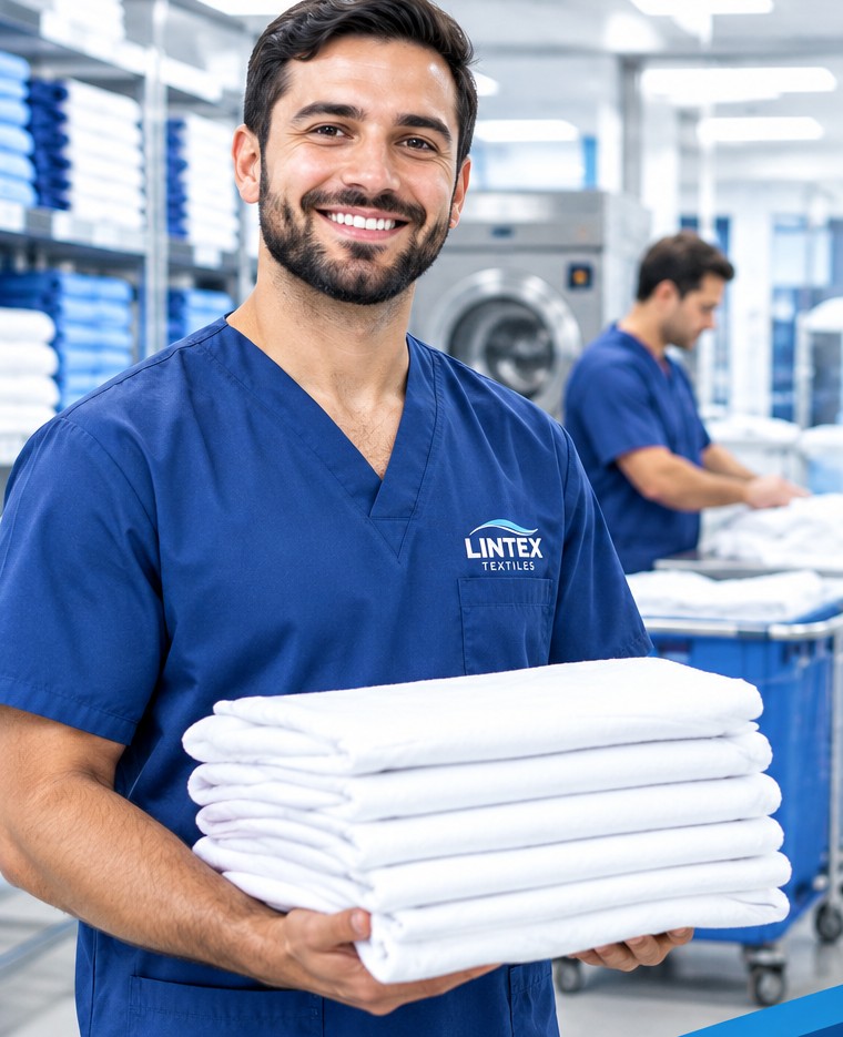 Healthcare laundry worker holding a stack of fresh, folded linens